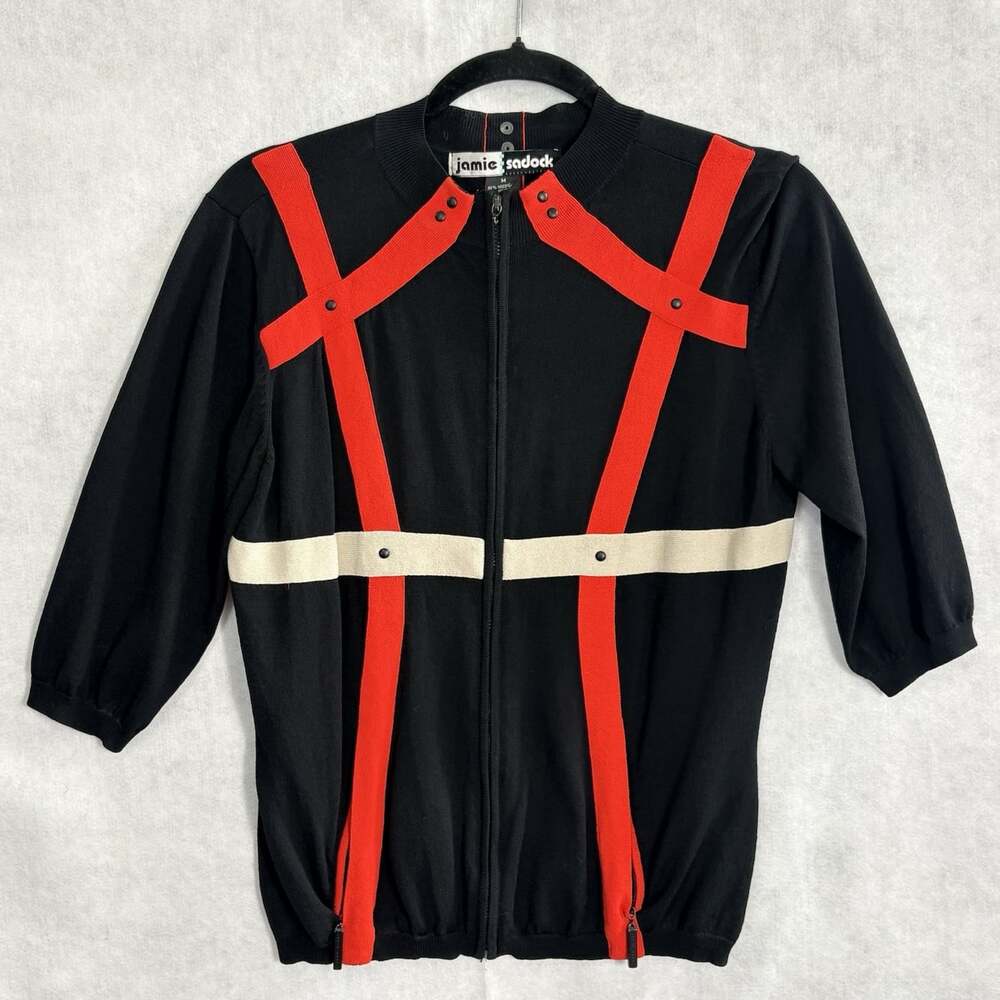 JAMIE SADDOCK Women Full Zip Crew Neck Cross Straps Jacket Sz M Black Red 28-6